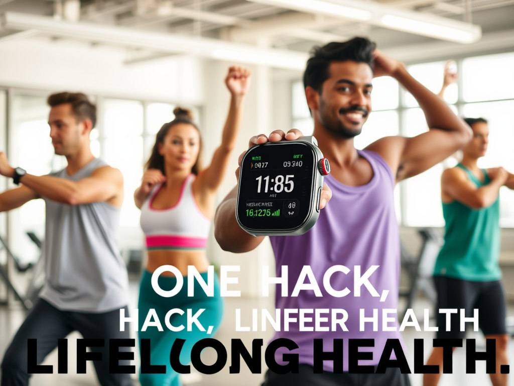 Create a realistic image of a diverse group of people (white male, black female, Asian male) in workout attire, performing various exercises in a bright, modern gym setting. In the foreground, show a smartwatch displaying health metrics. Include a motivational text overlay saying "One Hack, Lifelong Health" in bold letters.